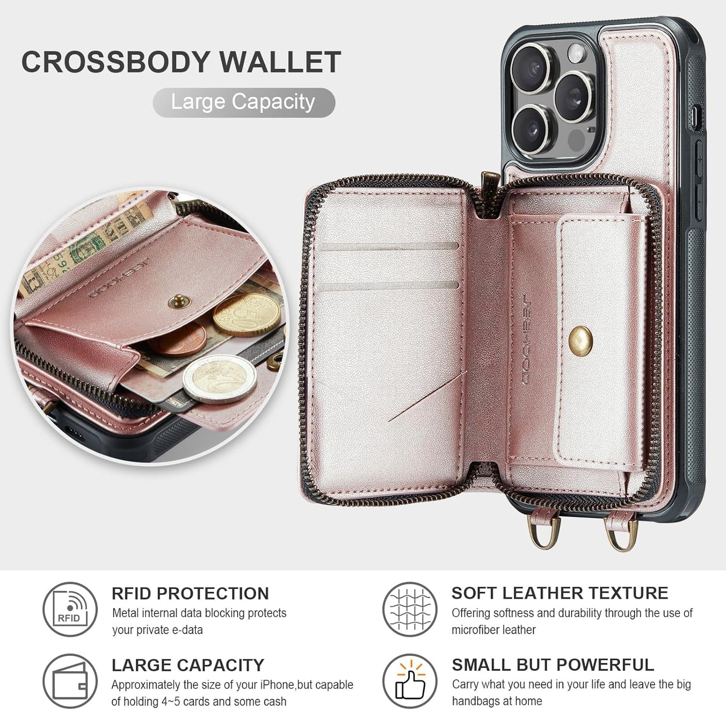 ELEPIK for iPhone 15 Pro Max Case, iPhone 15 Pro Max Crossbody Wallet Case with RFID Blocking Card Holder, Wrist Strap Purse Cover Women, Durable PU Leather Phone Case, Fashion Pink