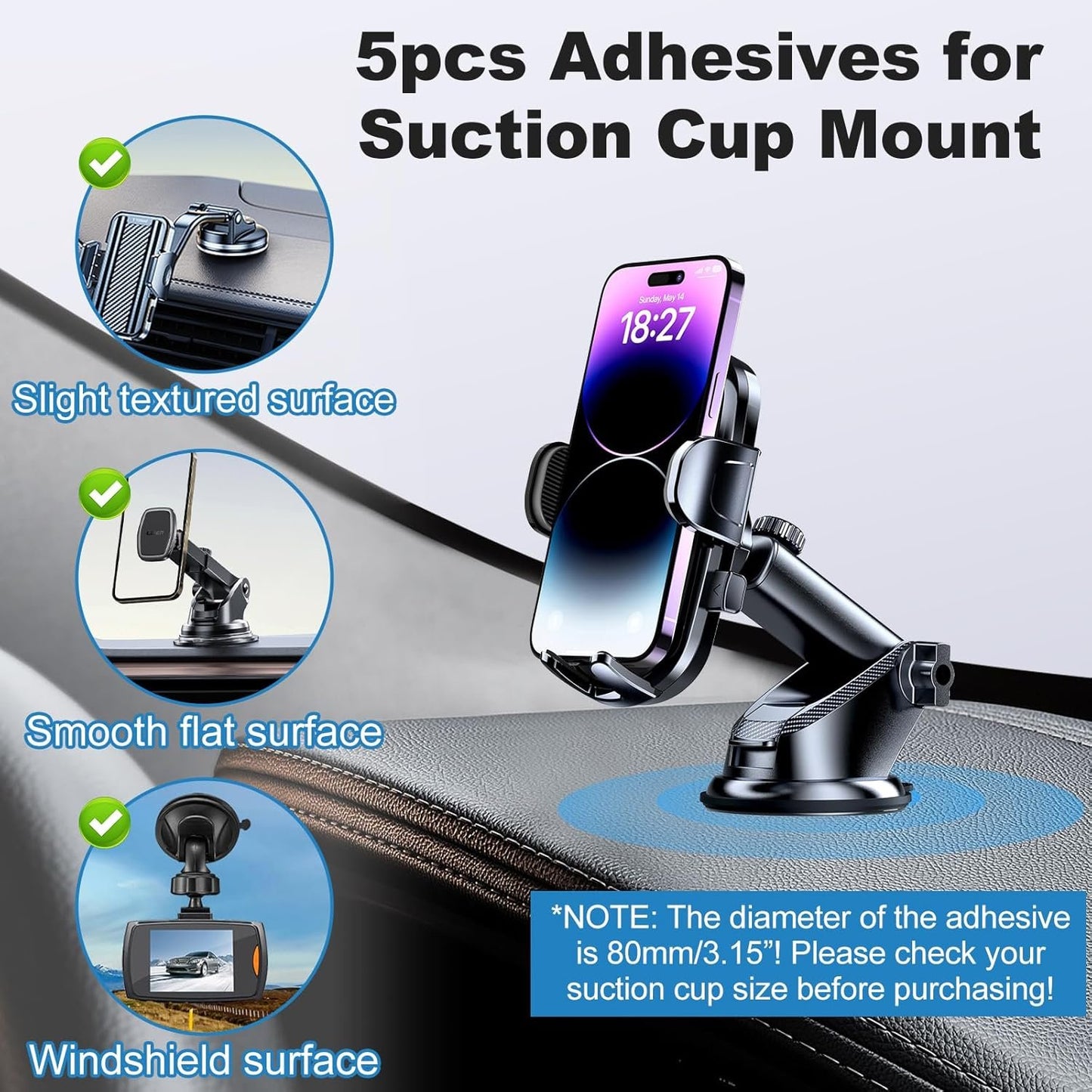 Adhesive Pad for Dashboard Suction Cup Mount, Sticky Pad Replacement for Car Cell Phone Mount, 5pcs 3.15"(80mm) Double-Sided Mounting Sticker Gel Tape for Magnetic Holder Base Windshield Dash Cam