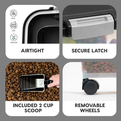 IRIS USA Dog Food Storage Container, 30lbs + 11lbs Combo, Cat Food Storage Container, Dog Treat Container, Airtight, Stackable, 2-Cup/ 450 g Scoop, Wheels, Easy Mobility, BPA Free, Black