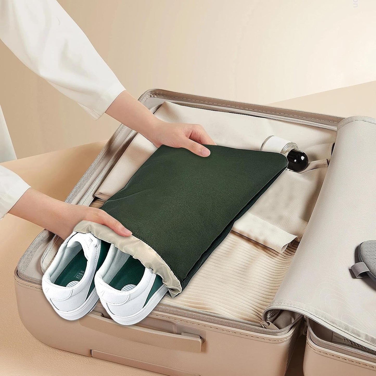 Shoe Travel Bag, Dustproof Organizer, Drawstring Storage Pouch, Portable Packing Solution, Polyester Green, Lightweight, 11.81x16.14 inches, for Women Men Footwear Holder, Gear
