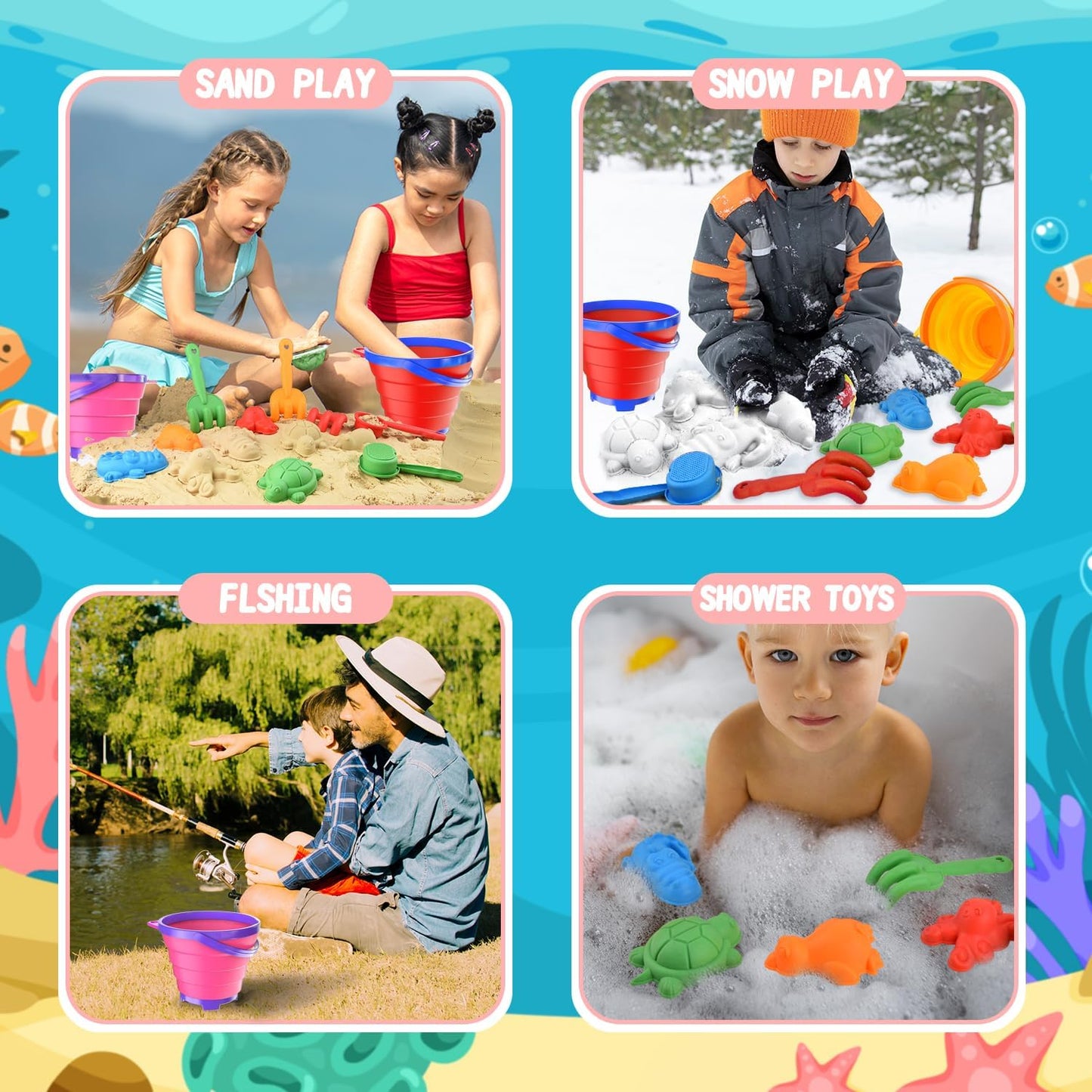 Sand Beach Toys for Kids, 3PCS Collapsible Sand Bucket, Shovel Set, Animal Molds with Big Mesh Bag, Travel Toys forToddlers Boys Girls Outdoor Beach Play Camping Bath Pool Water Play-14PCS