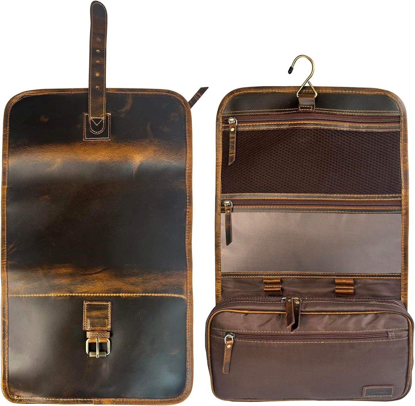 RUSTIC TOWN Leather Hanging Toiletry Bag for Men - Travel Shaving Dopp Kit - Bathroom Shower Toiletries Organizer - Leather Cosmetic Makeup Bag for Women, Brown, Large, Leather Toiletry Bag