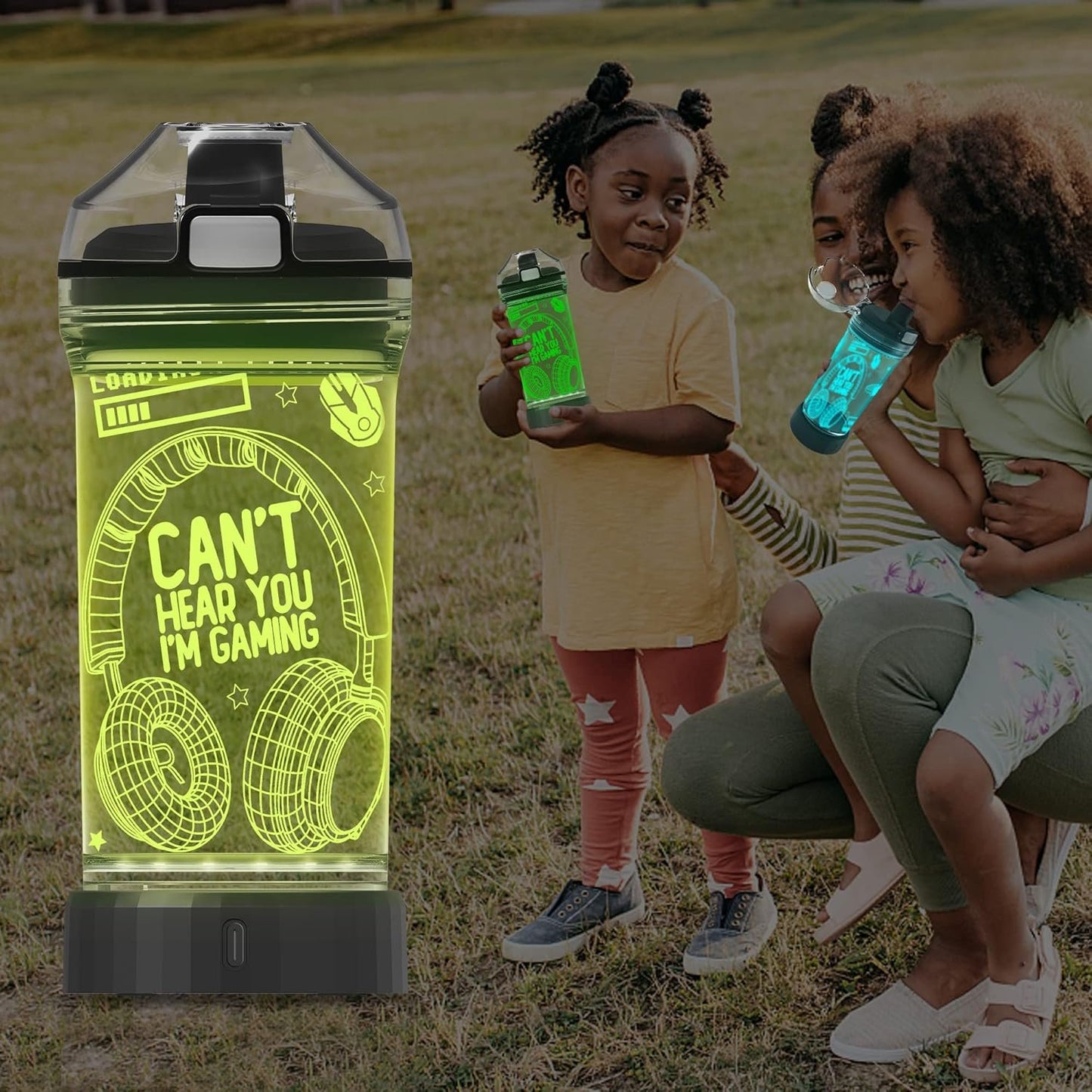 Can't Hear You I'm Gaming Water Bottle, YuanDian 7 Color Lights 3D Light up Drinking Cups Gifts for Gamers, BPA Free Tritan & Leak Proof Flip Top Lid & Easy Clean & Carry Handle, 14oz/ 400ml