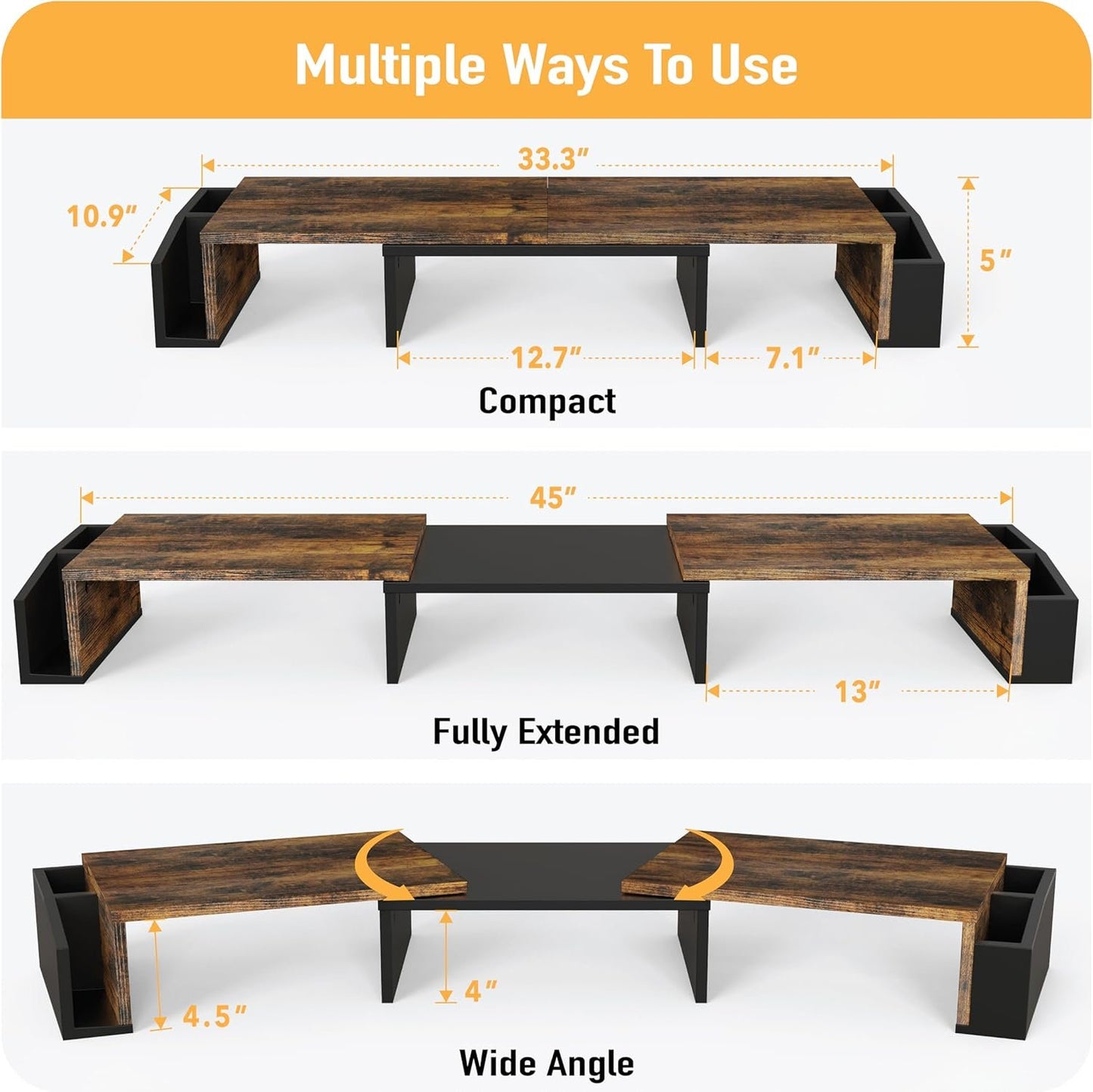 SimpleHouseware Dual Monitor Stand Riser of Adjustable Length and Angle Shelf with Holder and Drawer, Rustic Brown