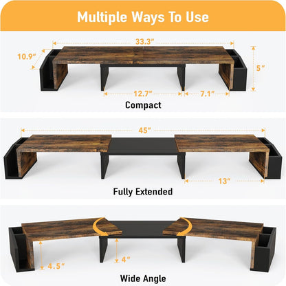 SimpleHouseware Dual Monitor Stand Riser of Adjustable Length and Angle Shelf with Holder and Drawer, Rustic Brown