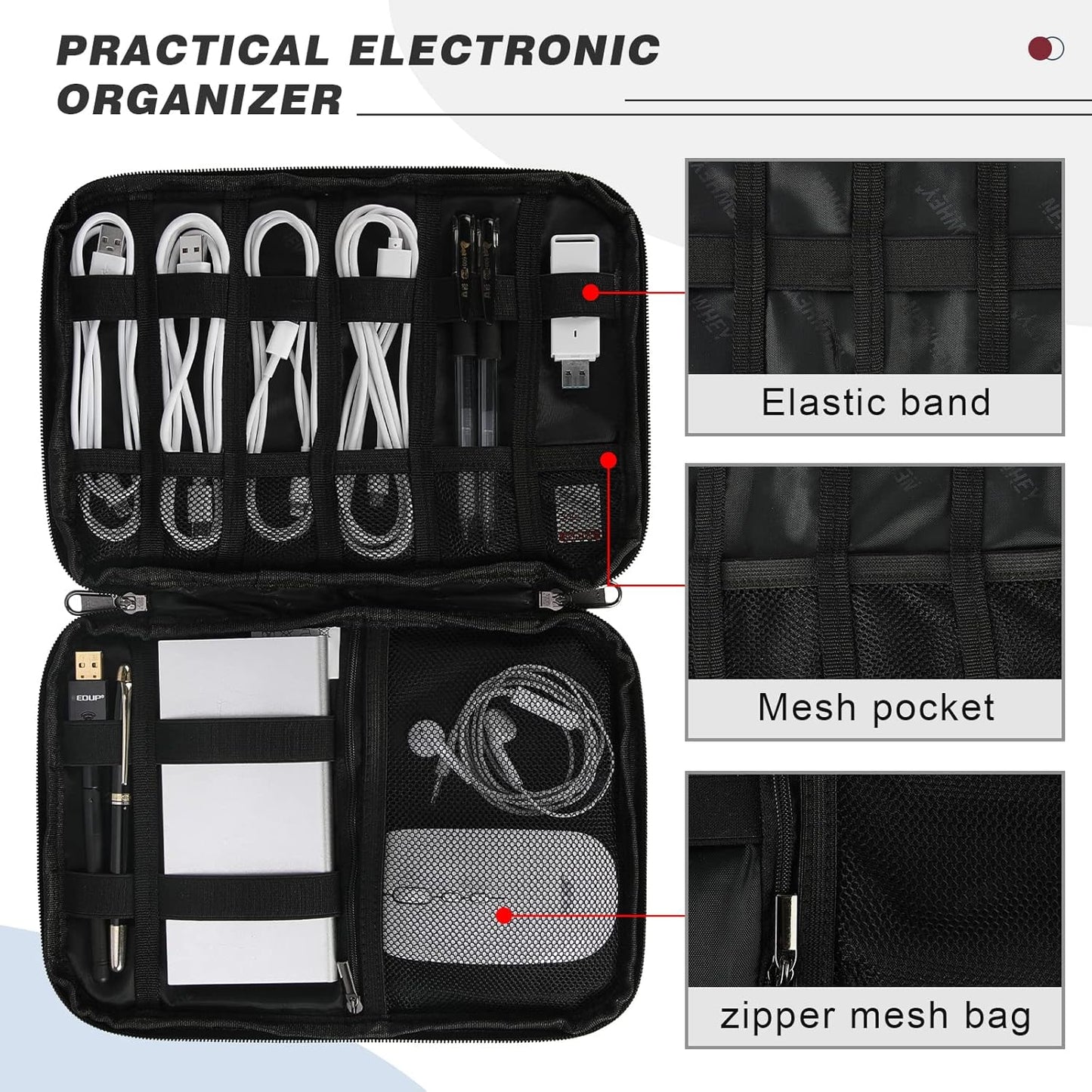 NEWHEY Portable Waterproof Cable Organizer Bag Gadget Electronic Accessories Bag for Travel USB Drive Hard Drive Charger Black, grey, Casual