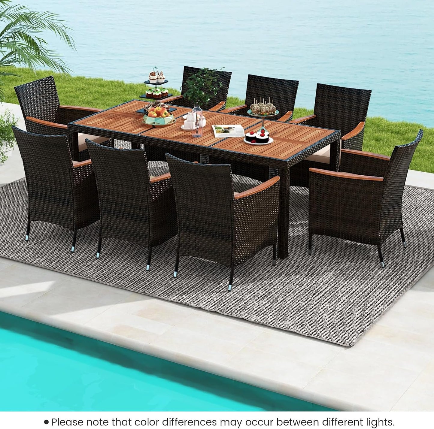 ORALNER 9 Pieces Outdoor Dining Set, Patio Wicker Dining Table and Chairs Set with Acacia Wood Table Top, Seat Cushions, Rattan Dining Table Set for 8, Garden Yard Poolside Deck (Beige)
