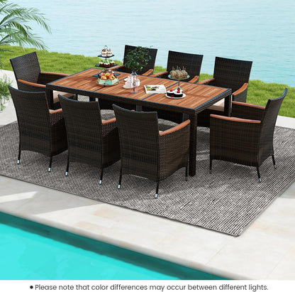 ORALNER 9 Pieces Outdoor Dining Set, Patio Wicker Dining Table and Chairs Set with Acacia Wood Table Top, Seat Cushions, Rattan Dining Table Set for 8, Garden Yard Poolside Deck (Beige)