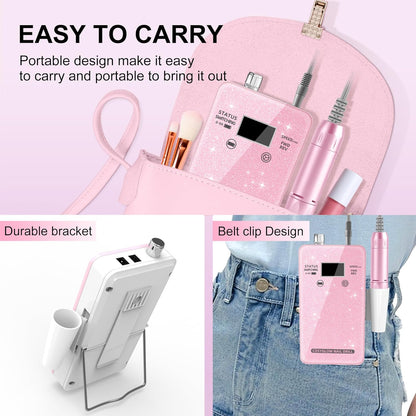 Professional Electric Nail Drill File:COSYGLOW Glitter Portable Cordless E-File Nail Drill Kit with 11 Drill Bits,30000 RPM Rechargeable Nail Drills Machine for Acrylic Nails Gel Polishing(Pink)