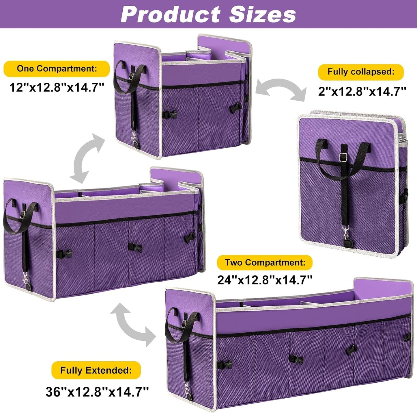 GPUSFAK Purple Car Trunk Organizer with Cooler Bag - 3 Compartment Collapsible Car Storage Organizer for SUV