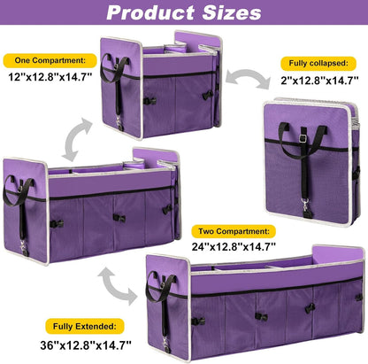 GPUSFAK Purple Car Trunk Organizer with Cooler Bag - 3 Compartment Collapsible Car Storage Organizer for SUV