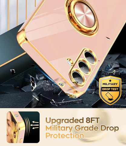 LeYi for Samsung Galaxy A55-5G Case: Samsung A55 Case with Slim Fit Soft 360° Ring Holder Kickstand Support Car Mount Shockproof Plated Gold Edge for Galaxy A55 5G Case, Pink