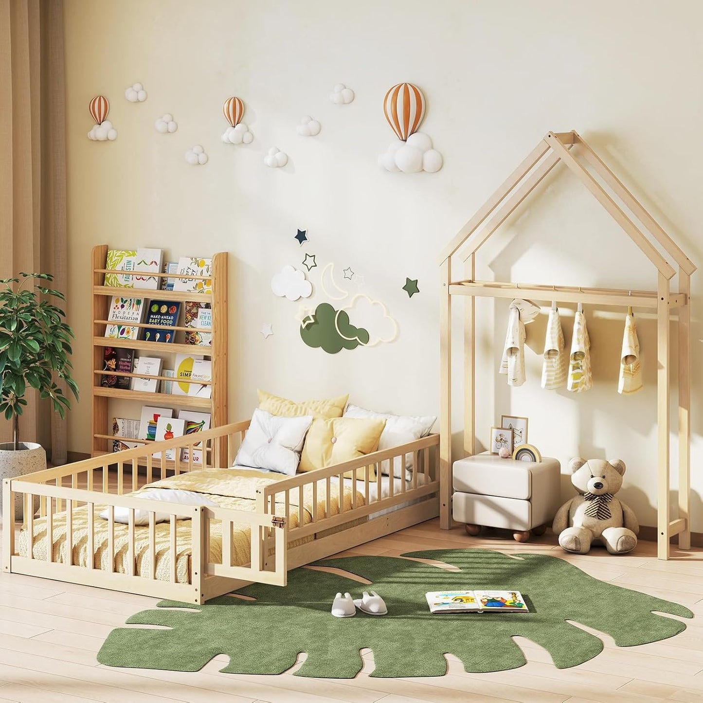 KOMFOTT Twin Size Floor Bed with House-Shaped Headboard, Kids Montessori Floor Bed with Detachable Clothes Hanger, Full Length Safety Guardrails, Door & Latch, Solid Wood Floor Bed Frame