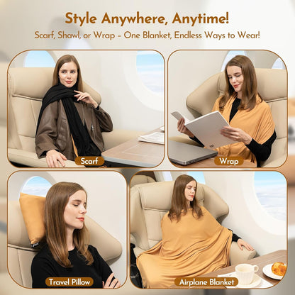 16-in-1 Compact Travel Blanket with Bag – Reversible, Ultra Soft Bamboo Airplane Blanket with Hidden Pocket - Packable for Flights, Camping, Picnic, Travel Essentials