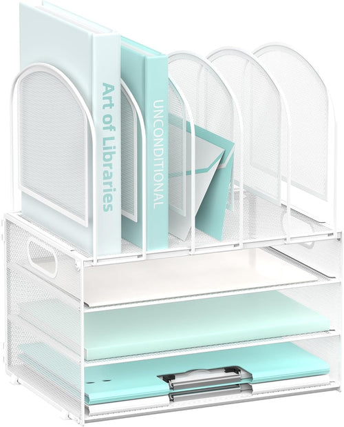 DALTACK Desk Organizer with Vertical File Holder, 3 Tier Desktop Organizer with 5 File Folder Holders and Handles, Desk Organizers and Accessories for Home Office Organization, Metal Mesh, White