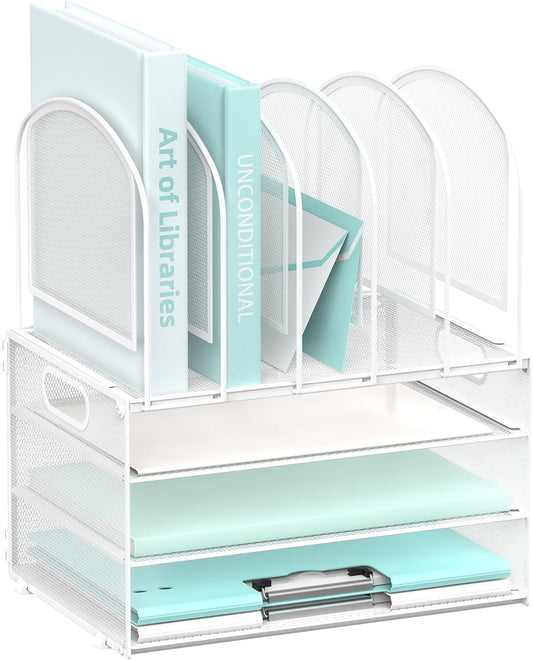 DALTACK Desk Organizer with Vertical File Holder, 3 Tier Desktop Organizer with 5 File Folder Holders and Handles, Desk Organizers and Accessories for Home Office Organization, Metal Mesh, White