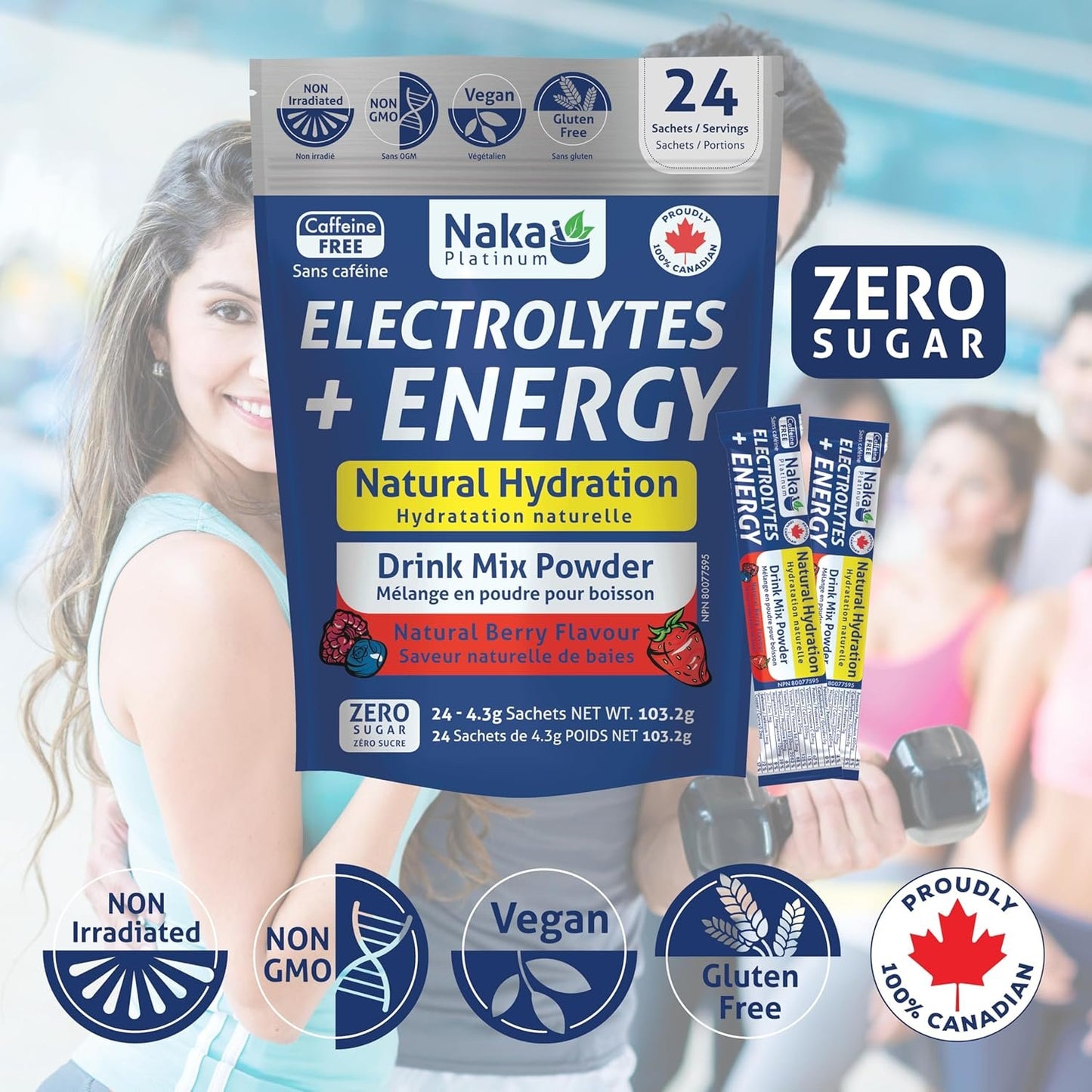 Naka Electrolytes + Energy, Natural Hydration Drink Mix powder, Berry Flavour, Caffeine Free, Botanical Boost with Beetroot, Hawthorn Berry and Ginseng, Made in Canada (24 sachets)