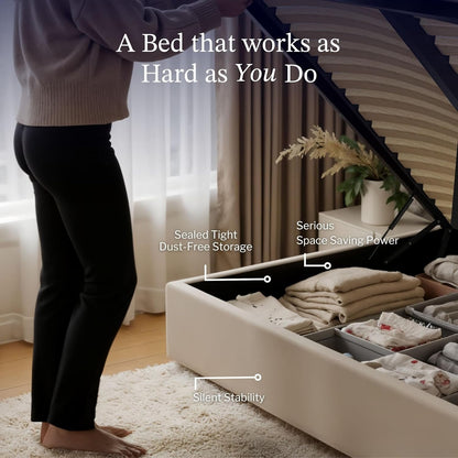 Brittany Velvet Queen Bed Frame with Storage, Metal Bed Frame Queen Size with Headboard & Hydraulic Storage, Modern Wingback Design