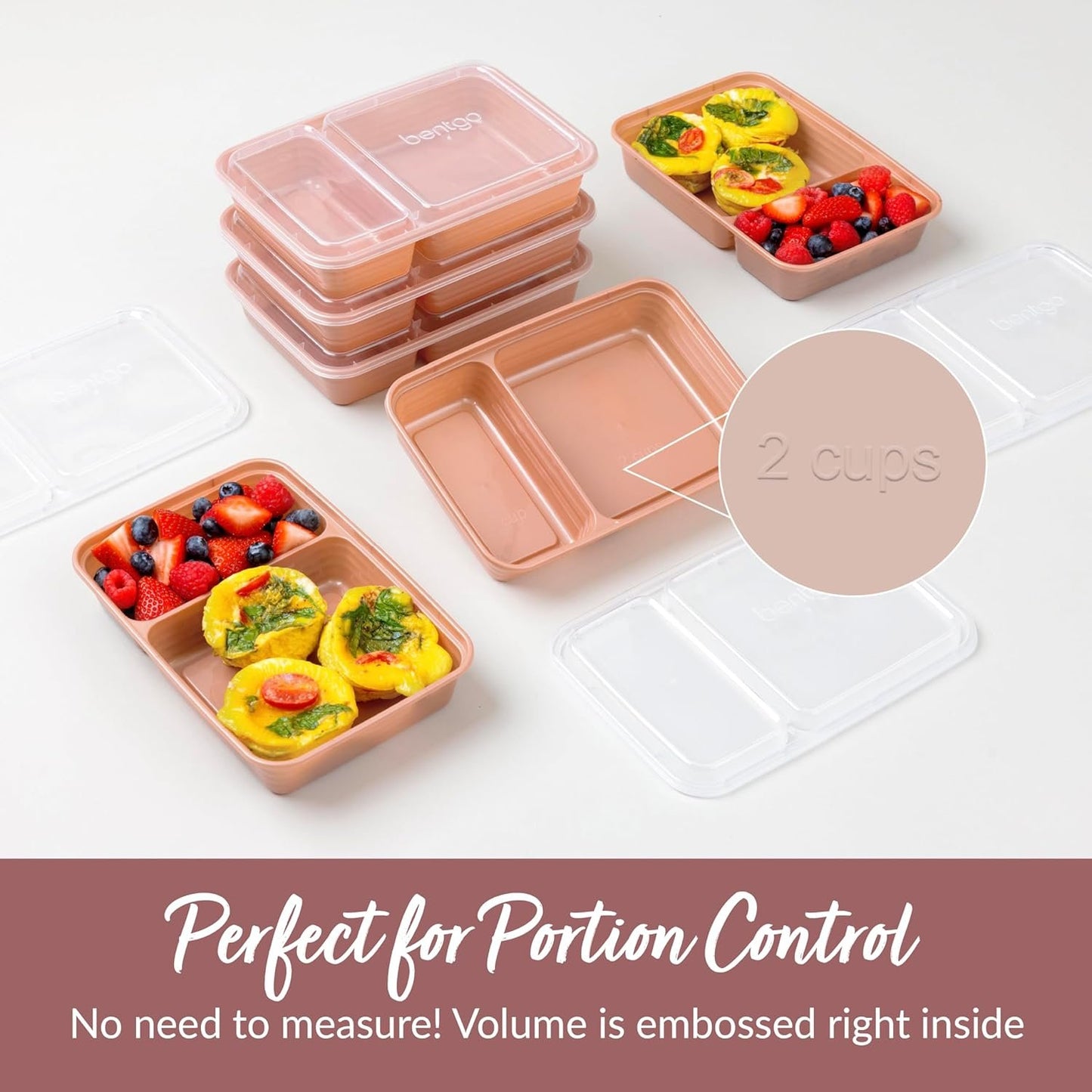 Bentgo Prep 2-Compartment Meal-Prep Containers with Custom-Fit Lids - Microwaveable, Durable, Reusable, BPA-Free, Freezer and Dishwasher Safe Food Storage Containers - 10 Trays & 10 Lids (Rose Gold)