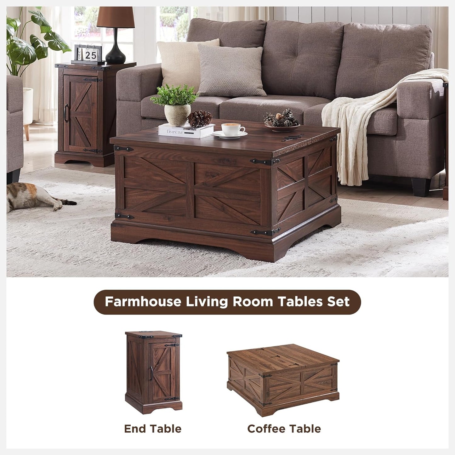 JXQTLINGMU Farmhouse Lift Top Coffee Table with Storage, 36" Wood Square Center Table with Large Hidden Compartment, Rustic Lift Tabletop Dining Table for Home Living Room, Brown