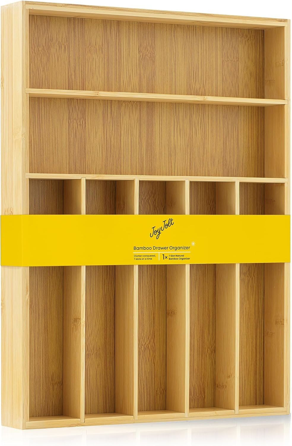 JoyJolt Bamboo 7-Compartment Silverware Organizer, Cutlery & Utensil Drawer Organizer, Ideal for Kitchen, Bathroom & Garage, Rustic Modern Style, Silver