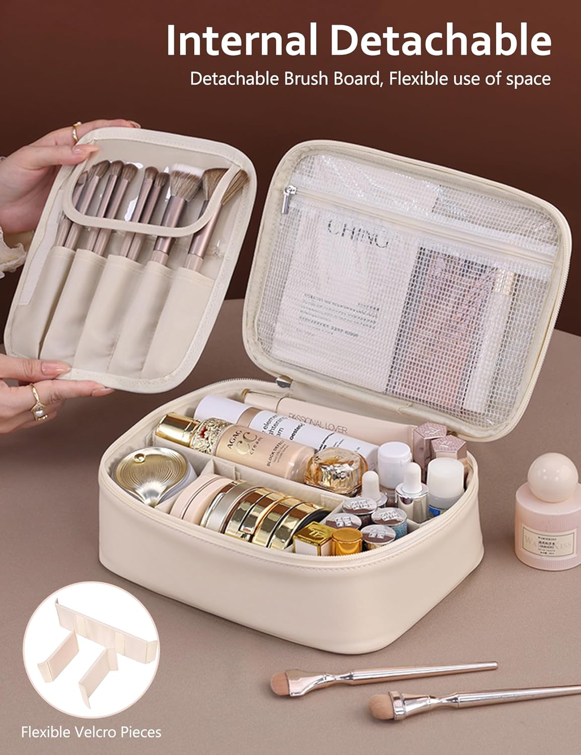 Travel Makeup Bag,Large Cosmetic Bag Case,Waterproof Portable Make Up Bag with Dividers Cosmetics Makeup Brushes Toiletry Jewelry Accessories for Women Girls,Traveler,Christmas (B-Khaki)