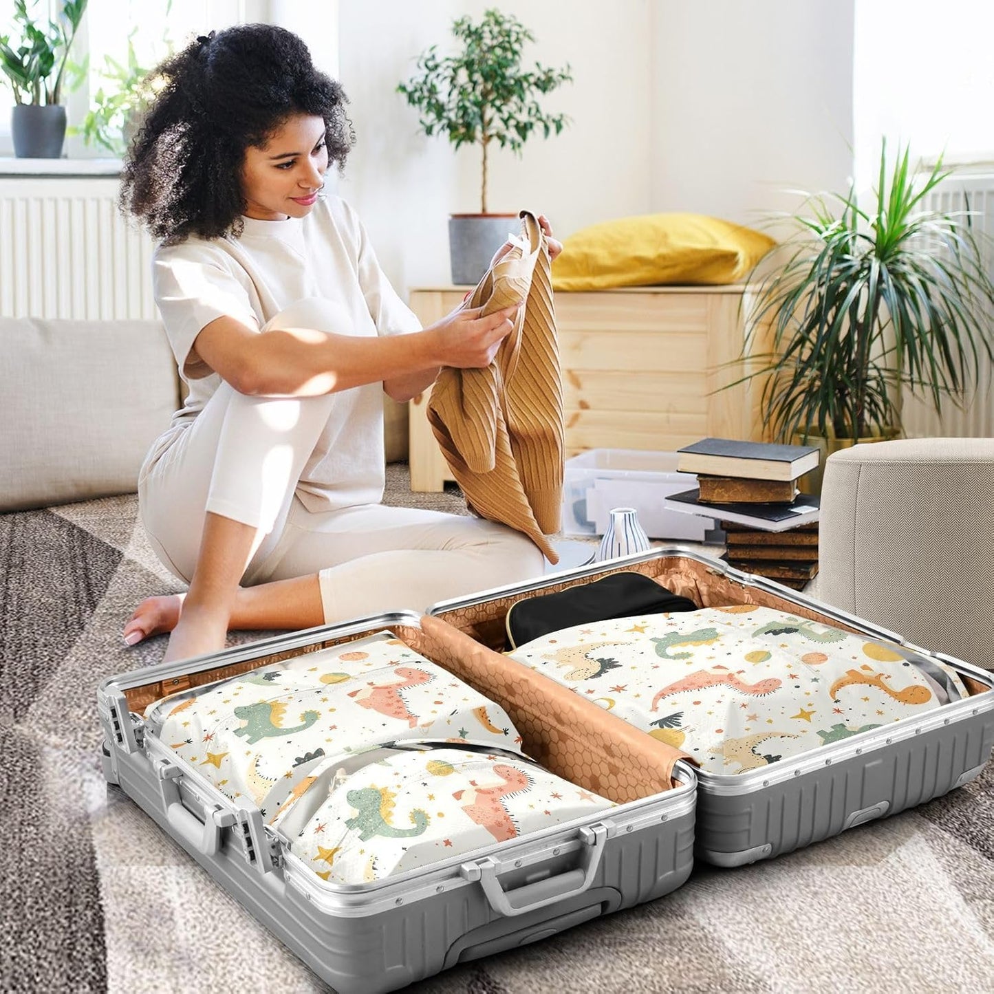 Cute Cartoon Dino 3pcs Travel Packing Storage Bags Waterproof Bags Organizer For Luggage Bags For Traveling Storage And Organization