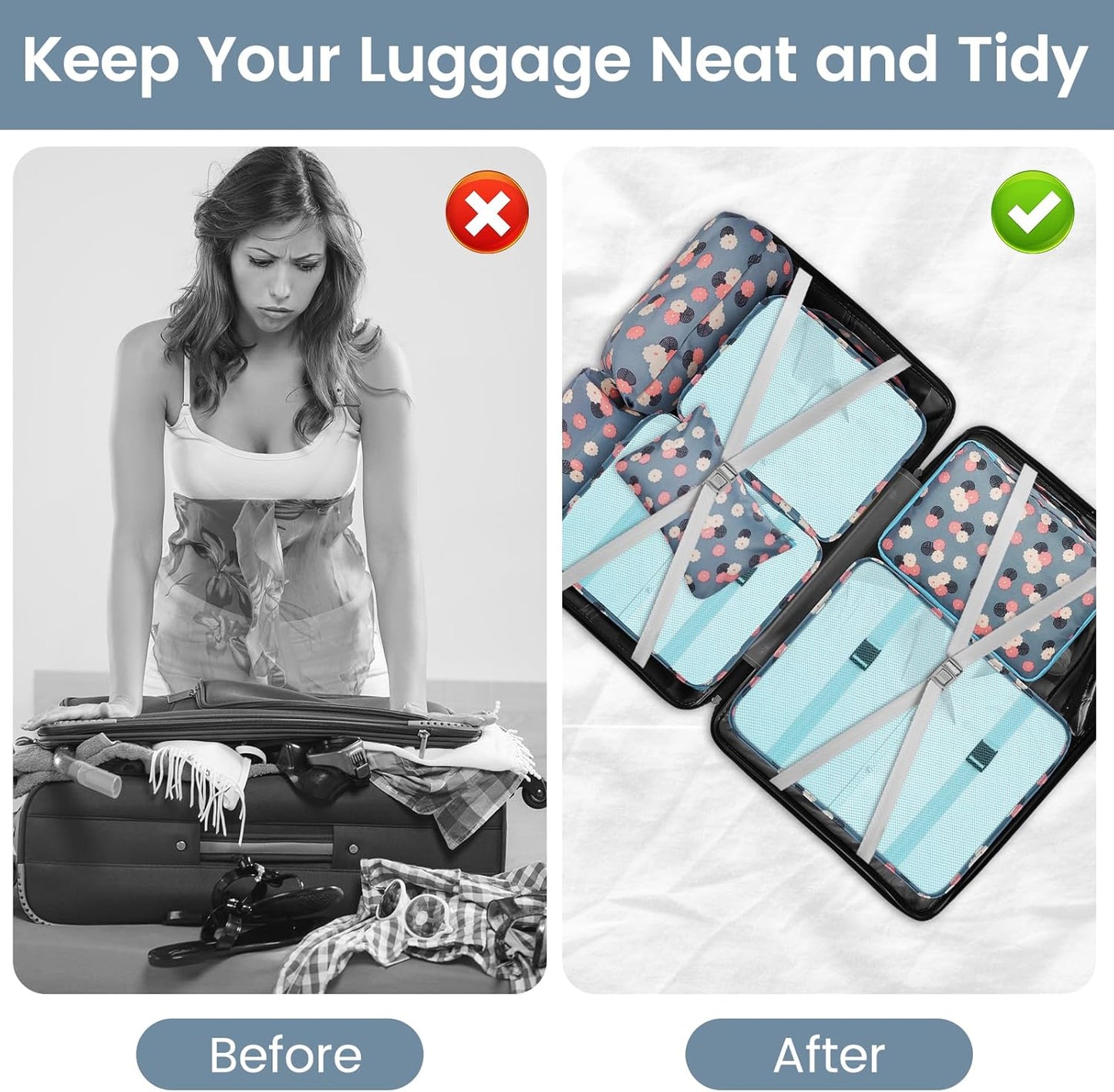 Sarsumir Travel Suitcase Organizer, 8 Pieces Packing Cubes Organizer Suitcase Travel Organizer with Waterproof Bags Toiletry Clothes Shoes, Blue Flower