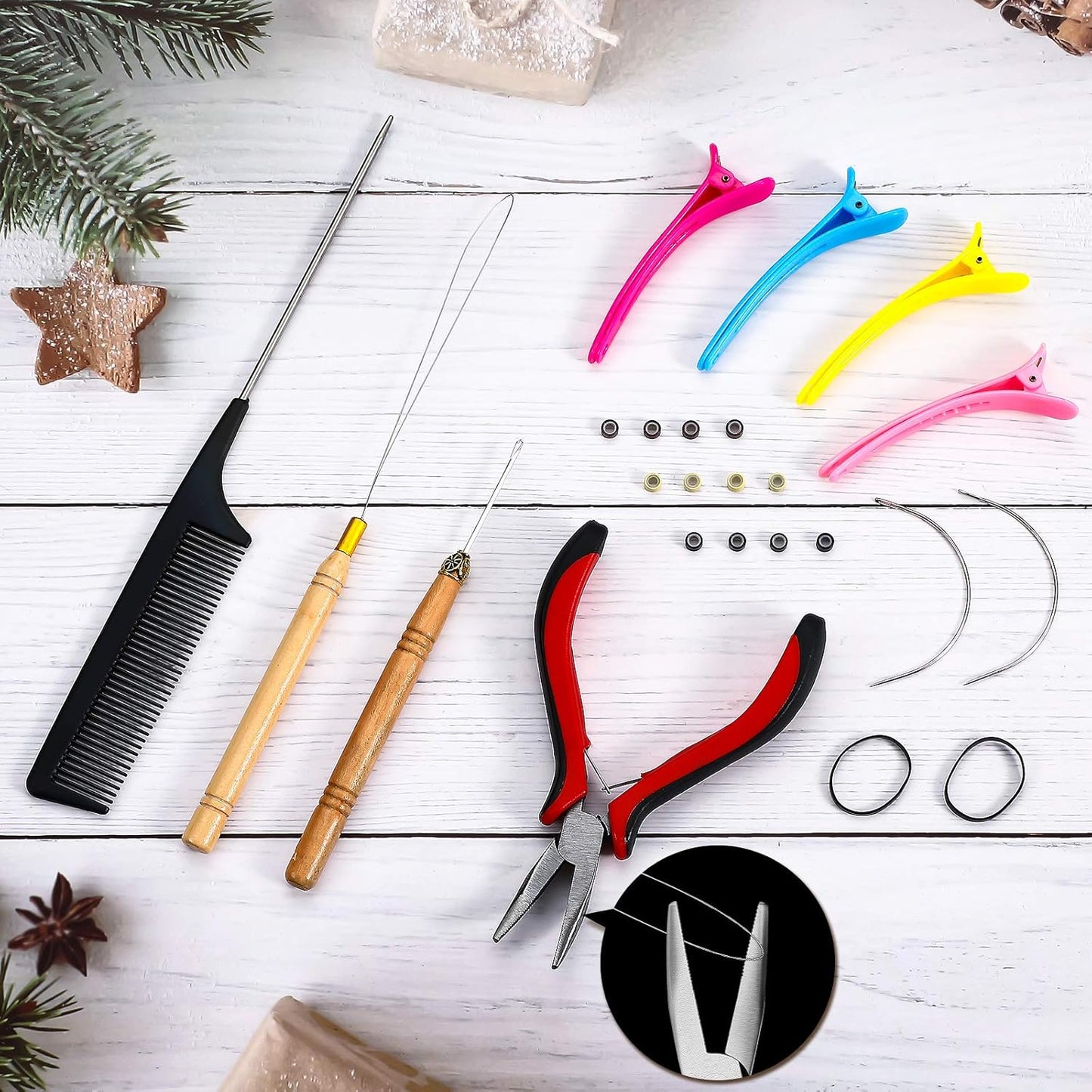 Chuangdi Hair Extension Tools Kit, 600 Silicone Lined Micro Ring Beads 1 Pliers 2 Hook Needle Pulling Loop 10 Curved Hair Needle 4 Alligator Clips 1 Comb 100 Black Mini Rubber Band