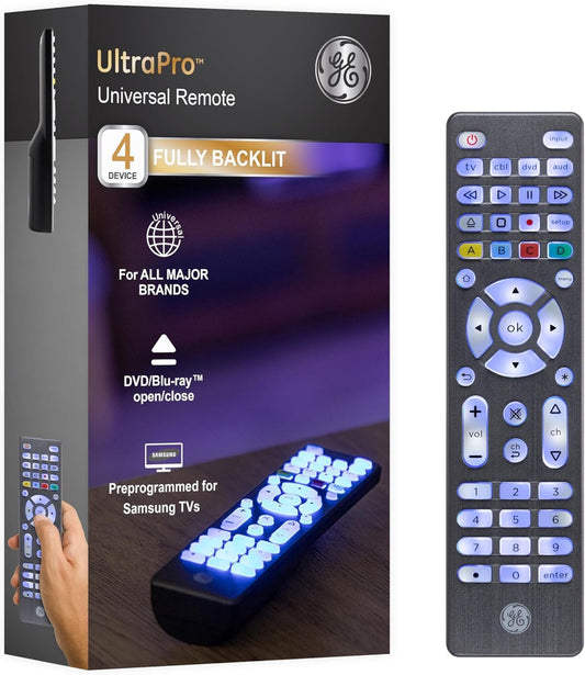 GE Backlit Universal Remote Control for Samsung, Vizio, LG, Sony, Sharp, Roku, Apple TV, RCA, Panasonic, Smart TV, Streaming Players, Blu-Ray, DVD, Simple Setup, 4-Device, Graphite, 48848