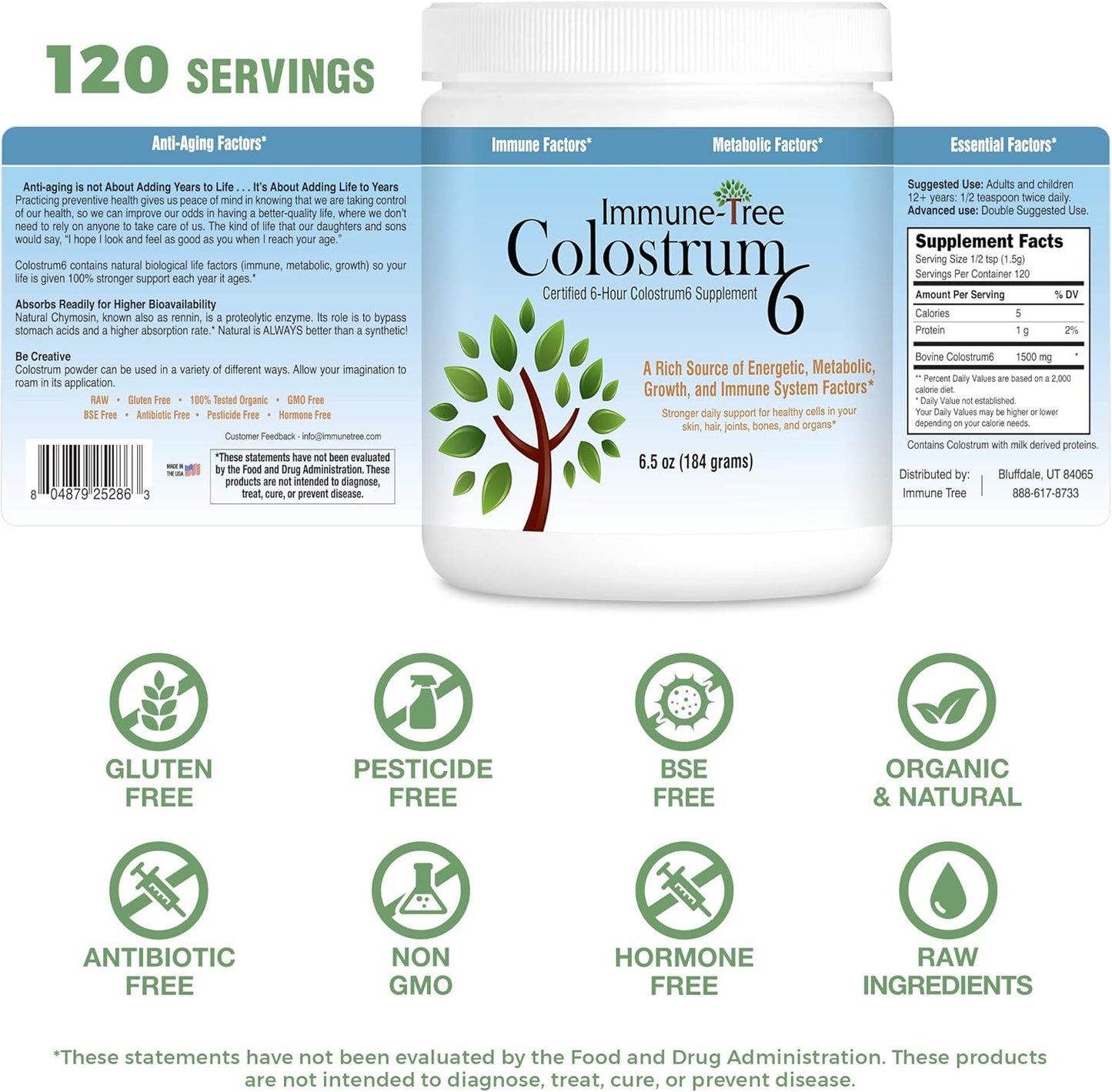 100% Bovine Colostrum Powder, 120 Servings, 6.5oz, Supports Anti-Aging, Healthy Immune System, Gut & Digestion, Muscle & Tissue, & Wellness, Made in USA from Grass Fed, Grade A Dairy Cows