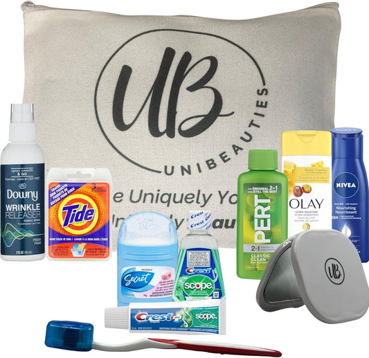Travel Essentials:Travel Size Products Bundle with Mini Travel Size toiletries Including Mini Deodorant Travel Size mouthwash Travel Size Toothpaste, Laundry Sink Packets & Travel Organizer