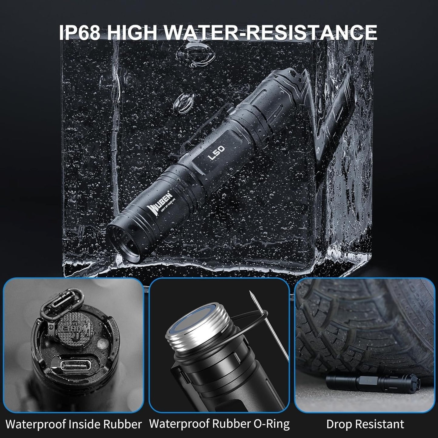 WUBEN L50 Rechargeable Flashlights 1200 High Lumens, LED Tactical Flashlight Super Bright, IP68 Waterproof Flash Light with 5 Modes, Lampe de Poche for Outdoor, Emergency, Camping, Hiking, Home
