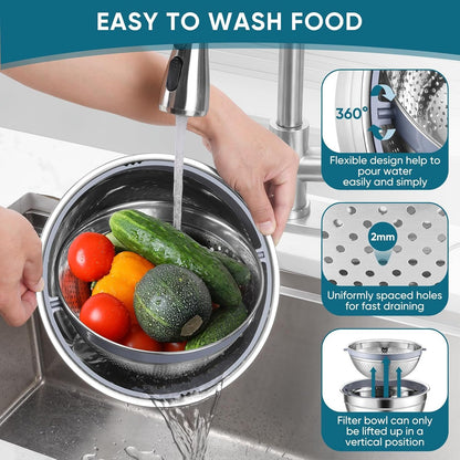 P&P CHEF Mixing Bowls with Lids Set of 3, 3 Pcs Stainless Steel Nesting Salad Bowls and Colander for Kitchen, 3 Grater Attachments & Non-Slip Bottoms, Visible & Airtight Lid, Blue