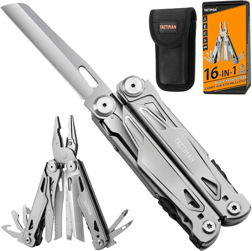 TACTIMAN Multitool Pliers Pocket Knife Camping Hiking Gear Multitool Knife 16-in-1 Multi Tool Saw Scissors Wire Cutter Stripper Screwdrivers Bottle Can Opener Tool Gifts for Men for Camping Hiking EDC
