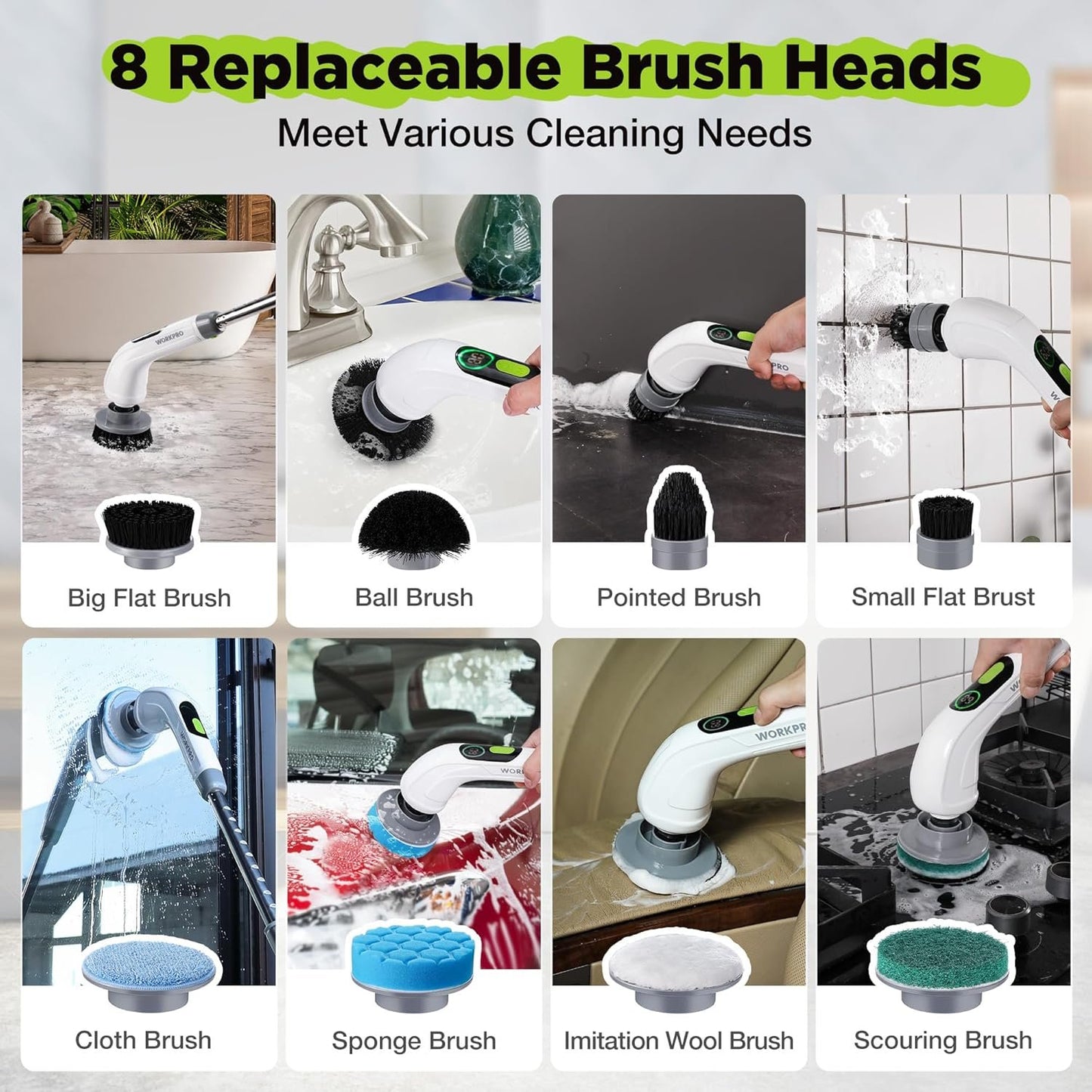 WORKPRO Electric Spin Scrubber, Cordless Cleaning Brush, 3-Speed, Long Adjustable Handle & 8 Replaceable Brush Heads, Waterproof Scrubber for Bathroom, Kitchen, Bathtub, and Floor, for Women