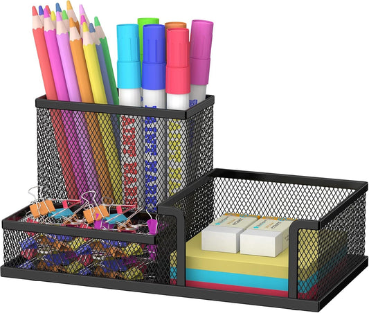 SUPEASY Mesh Pen Holder Desk Organizer, Office Supplies Pencil Storage with 3 Compartments, Office Desk Accessories and Workspace Organizers for Home School, Black