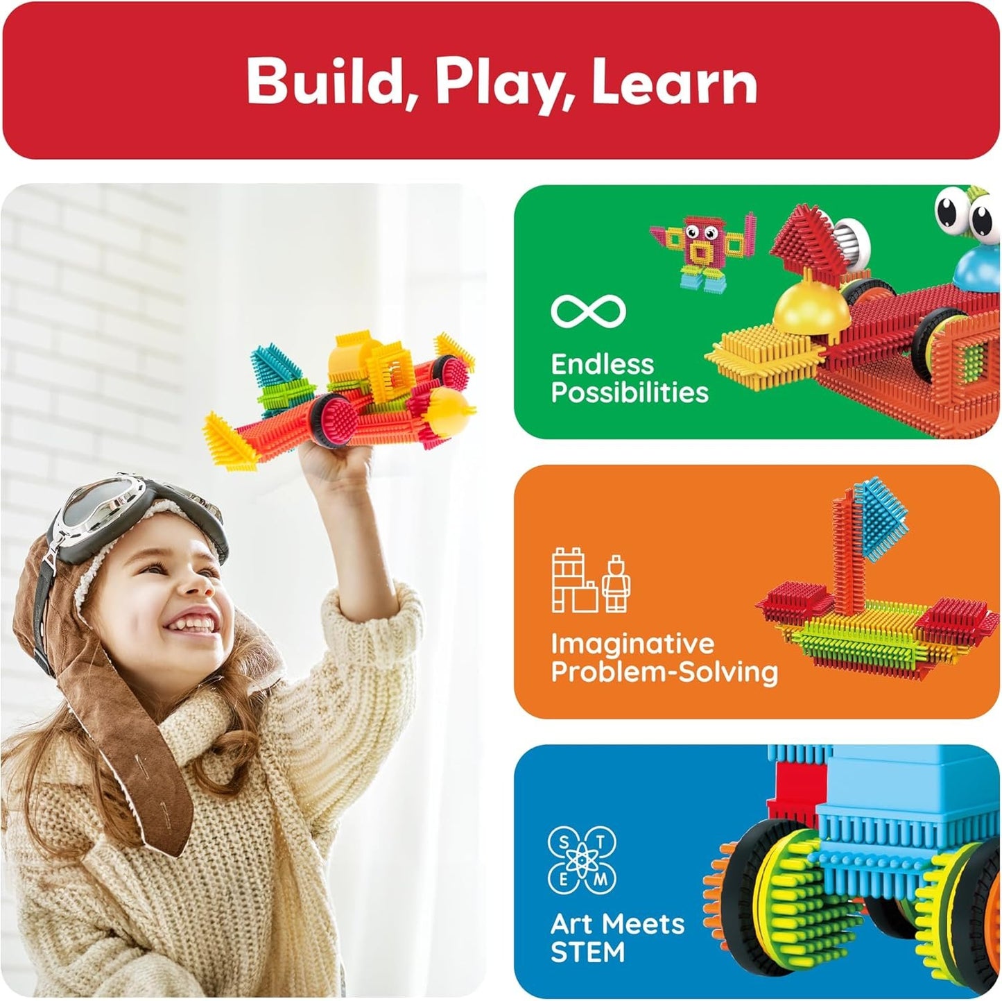 PicassoTiles 120 Piece Hedgehog Interlocking Building Blocks Tiles Construction Toy Set Brush Learning Playset STEAM Toddlers Development Preschool Kindergarten Toys for Kids Boys Girls Age 3+ PTB120