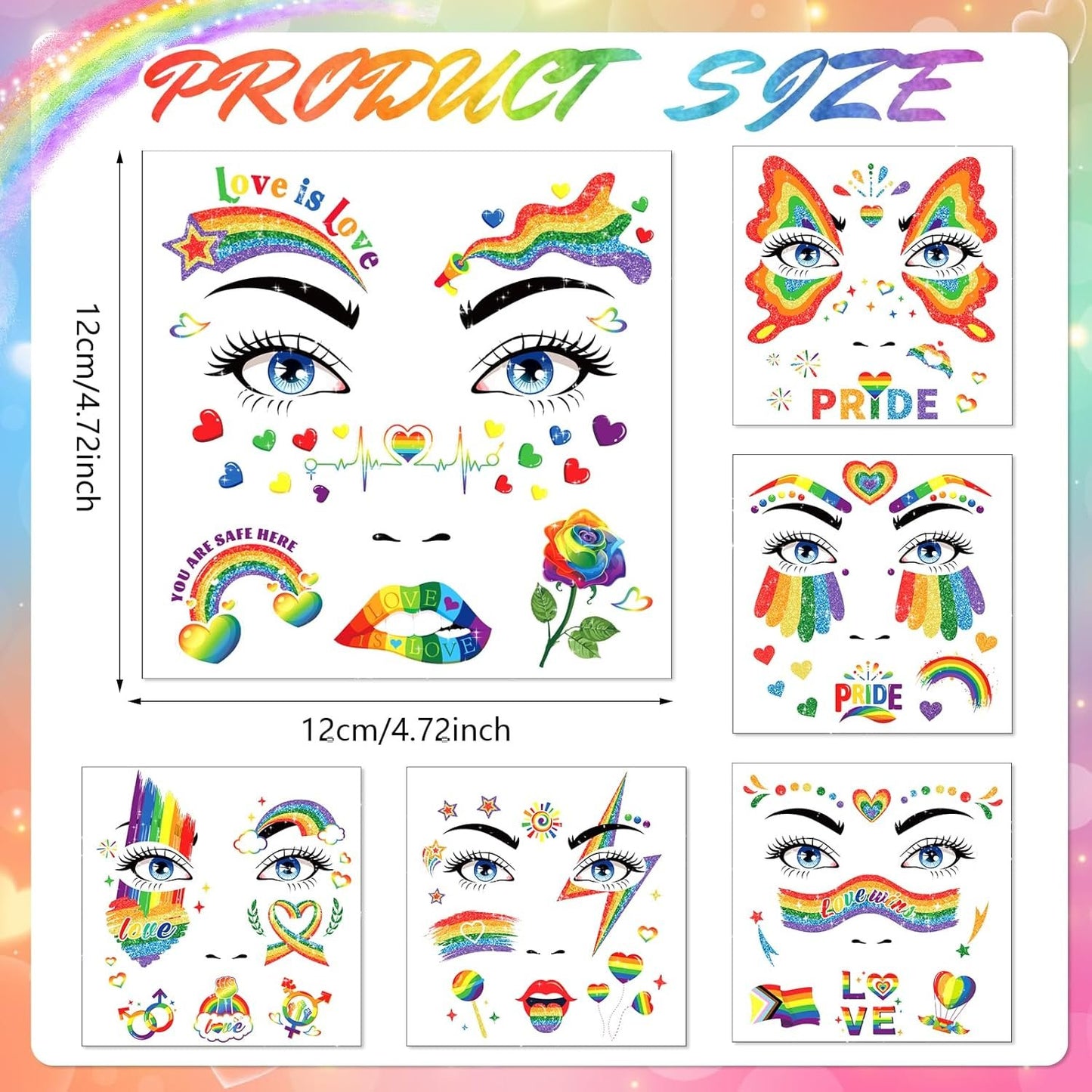 DPKOW Glitter Rainbow Face Tattoos LGBT Pride Temporary Tattoos for Pride Accessories, 12 Sheets Rainbow Flag Butterfly Heart Tattoo Stickers LGBT Gay Pride Makeup Accessories for LGBT Face Body Art