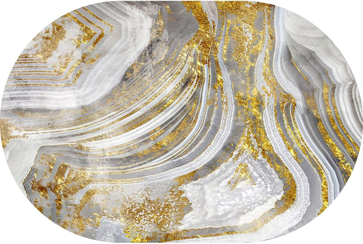 Oval Rug Living Room Rugs Non-Slip Washable Modern Carpets Home Decor, Abstract Sea Water Grey Gold, 70 x 140 cm