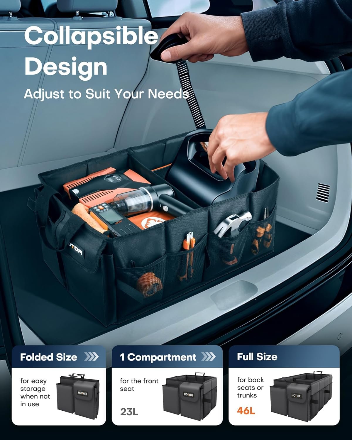 HOTOR Trunk Organizer - Car Organizer, Foldable Trunk organizer for SUVs & Sedans, Car Accessories, Tools, Sundries, 2 Compartments, Black