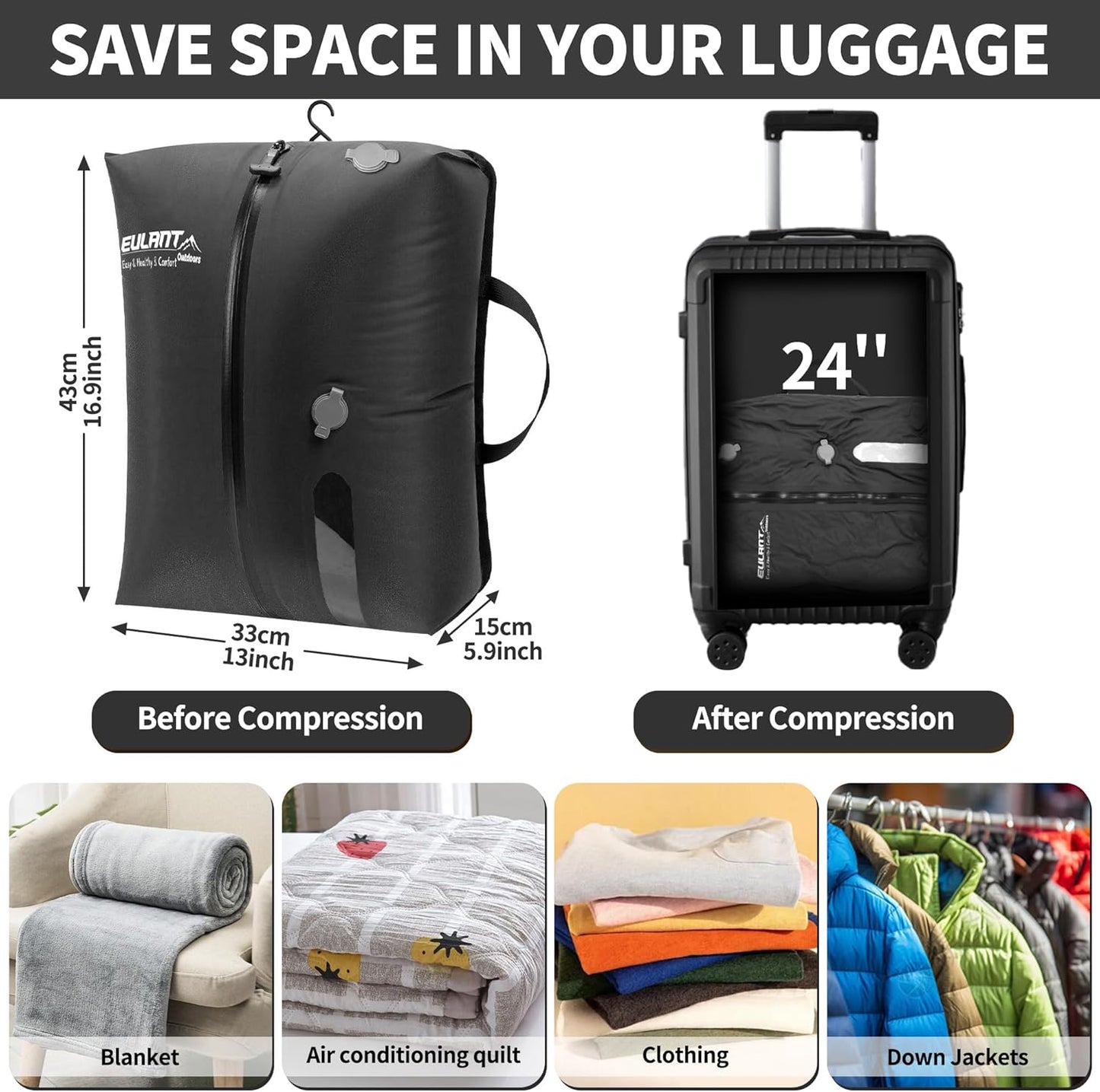 EULANT Reusable TPU Vacuum Bags for Travel, Vacuum Compression Bag with Airtight Zipper IP67 for Suitcases/Luggage/Backpacks, Waterproof and Space-saving, 43.5 x 33 x 15 cm