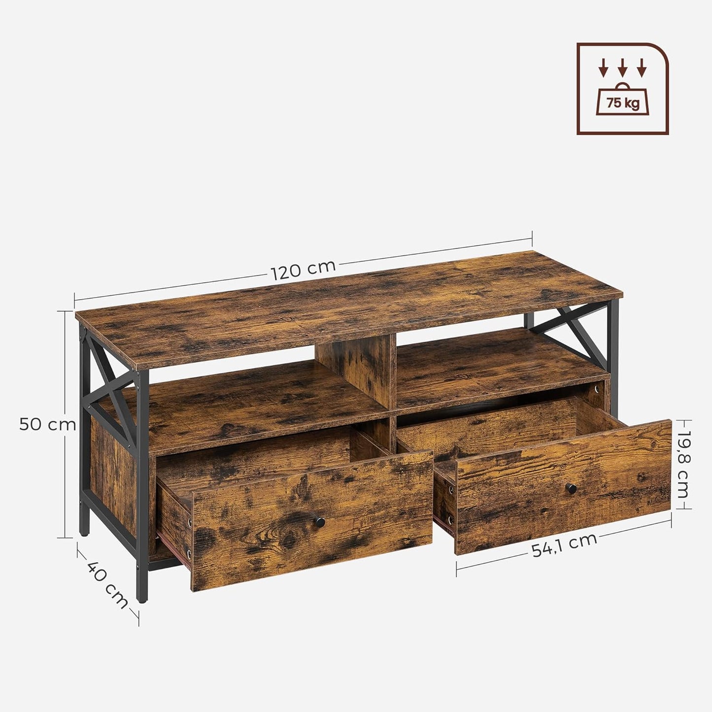 VASAGLE LTV300B01 TV Unit, TV Stand, Up to 55 Inches, 120 cm Long, 2 Drawers 2 Open Shelves, 40 x 120 x 50 cm, Living Room, Bedroom, Steel Frame, Vintage Brown and Black