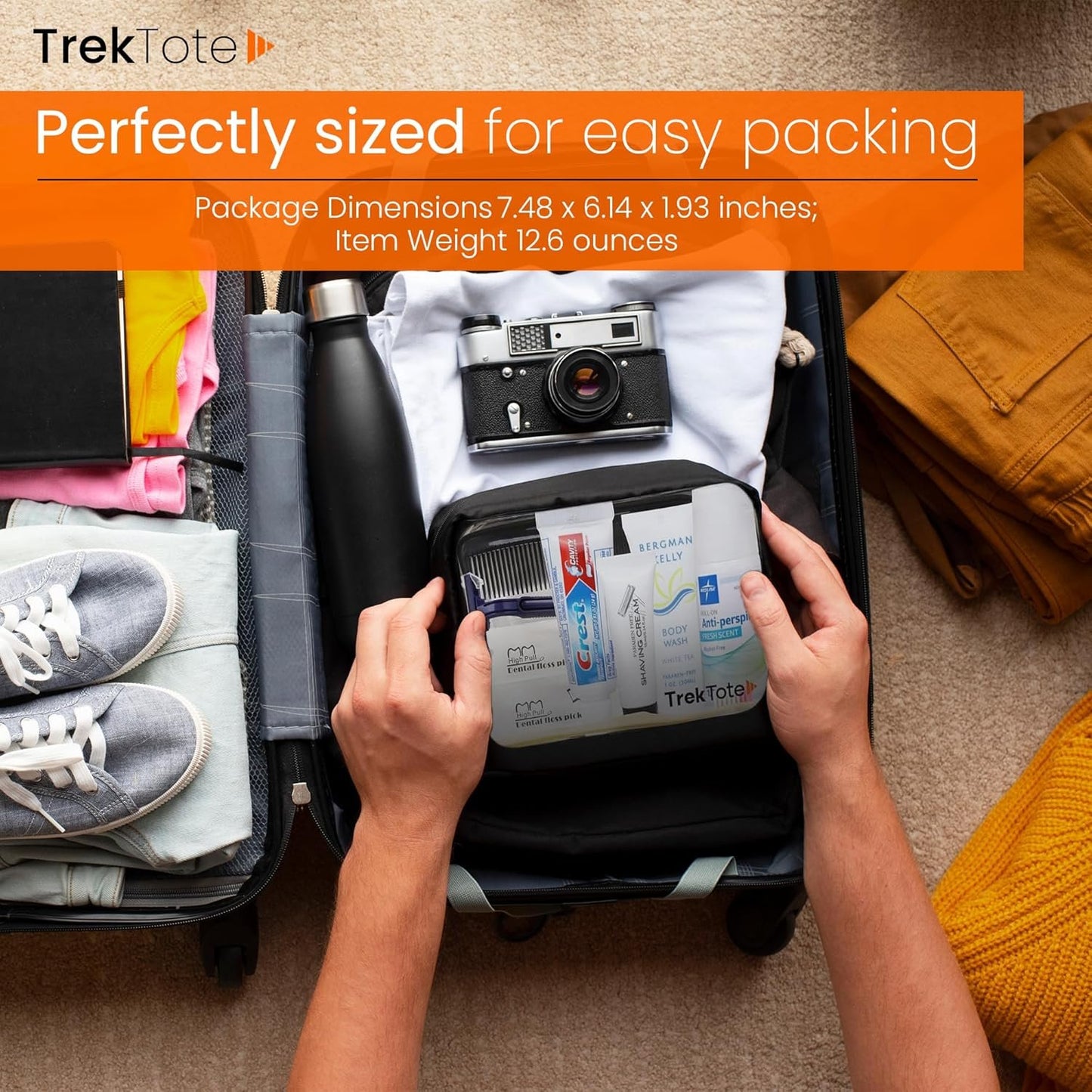 Trektote Travel Toiletry Kit For Men And Women – 10 Piece Set of Travel Size Toiletries, TSA Compliant, Includes Body Wash, Deodorant, Shaving Cream And Razor, Oral Care, Reusable Toiletry Bag & More