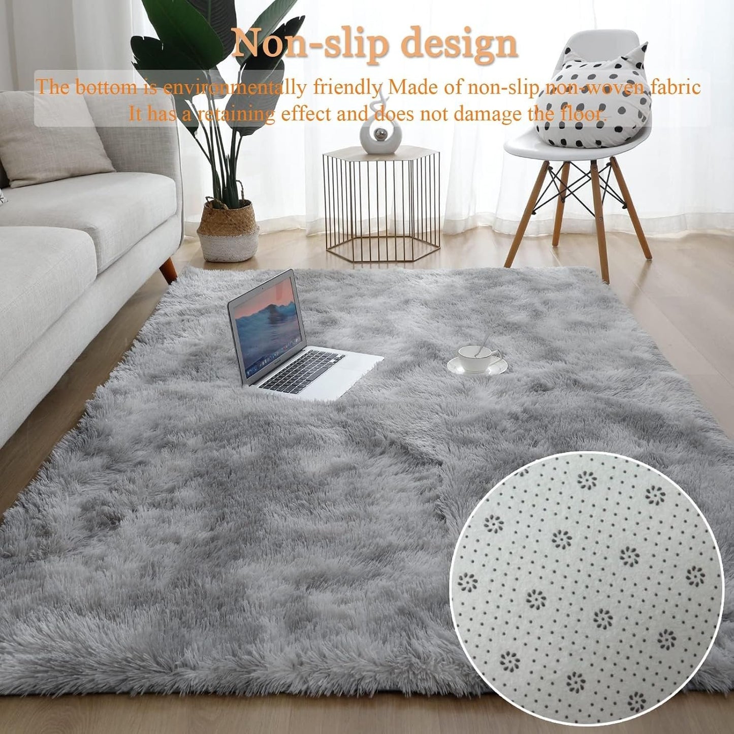 Area Rugs 4'x5'3" Soft Fluffy Non-Slip Washable Carpet for Bedrooms, Living Room, Boys/Girls Room, Playroom Non-Slip, Grey
