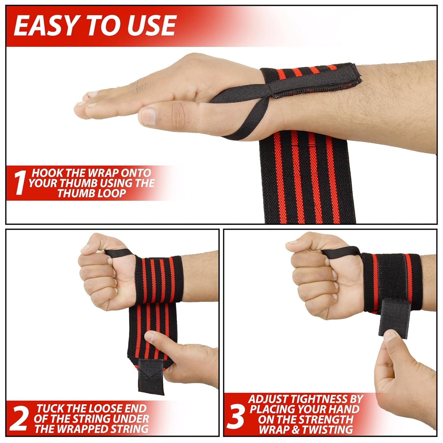 Widzar Wrist Wraps - Support Brace for Weightlifting, Powerlifting, Workout, Bodybuilding & Gym Training - Adjustable Straps with Attached Thumb Loops, Ergonomic Design for Men and Women (Red Stripes)