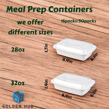 Golden Hub Meal Prep Containers with Lids 12-32oz BPA Free Plastic Food Storage Reusable Stackable Leak Proof Microwave Dishwasher Safe for Lunch Home Office White (32oz 50pc)