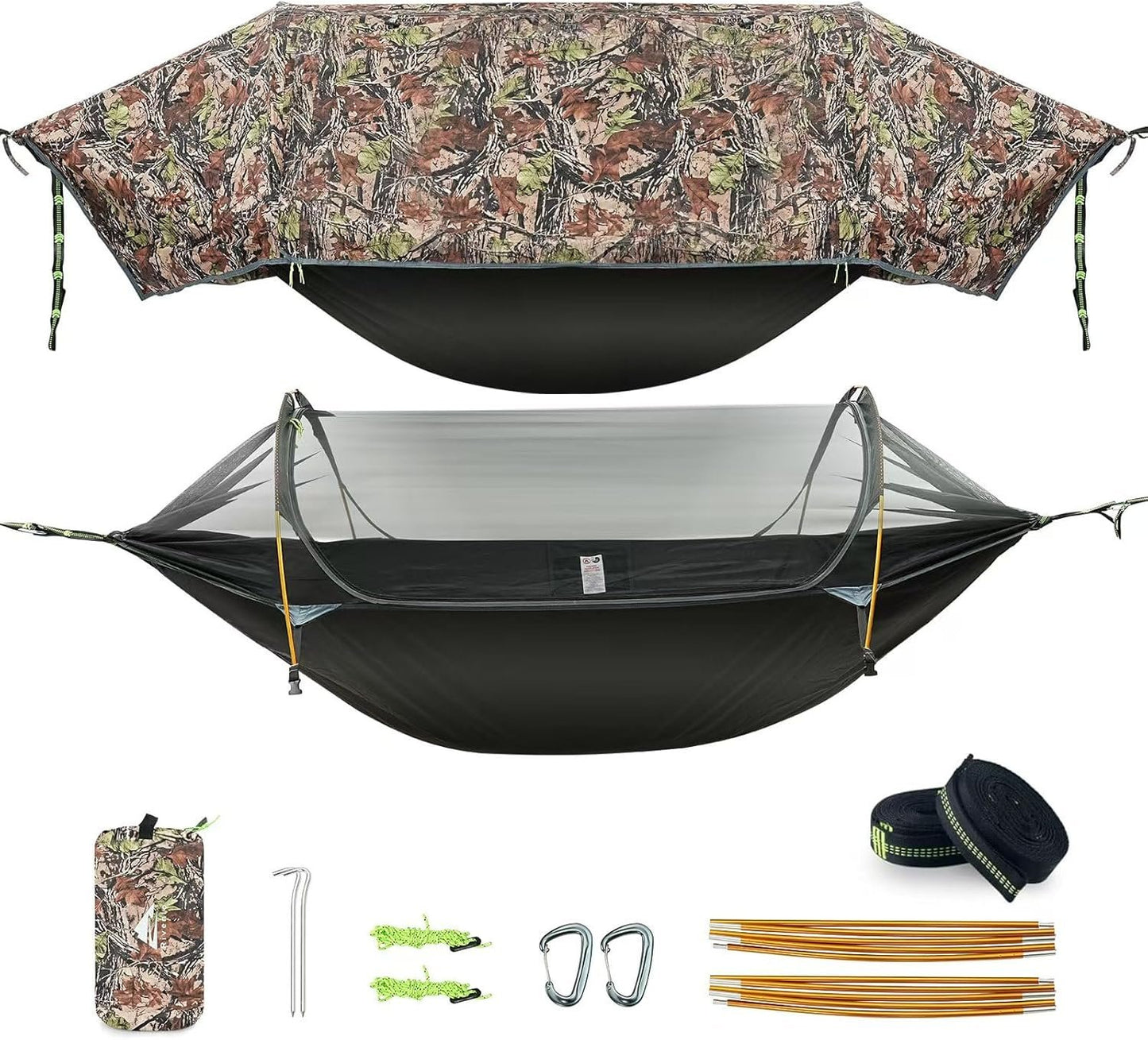 Camping Hammock Tent with Mosquito Net & RainFly, 3 in 1 Waterproof Lightweight Portable Sleeping Hammock Bug Backpacker Travel Outdoor Gear with Tree Strap Swing, for Hiking Patio Expedition (Camo)