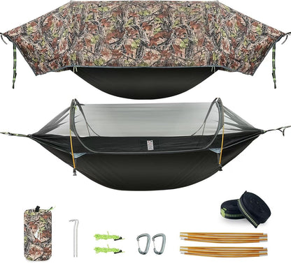 Camping Hammock Tent with Mosquito Net & RainFly, 3 in 1 Waterproof Lightweight Portable Sleeping Hammock Bug Backpacker Travel Outdoor Gear with Tree Strap Swing, for Hiking Patio Expedition (Camo)