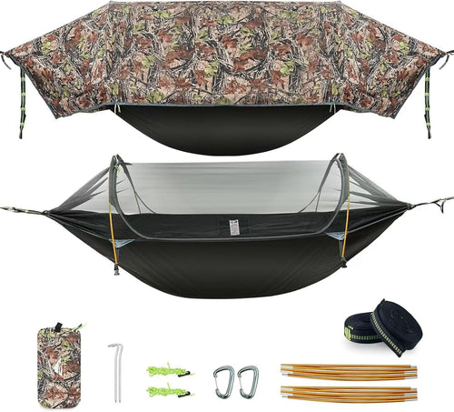 Camping Hammock Tent with Mosquito Net & RainFly, 3 in 1 Waterproof Lightweight Portable Sleeping Hammock Bug Backpacker Travel Outdoor Gear with Tree Strap Swing, for Hiking Patio Expedition (Camo)